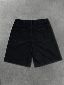 Manfinity EMRG Men's Hiphop Rhinestone Design Bermuda Black Washed Denim Shorts - Black - View 2