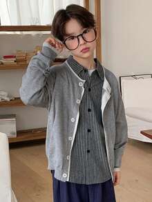 Dazy Kids Tween Boy Crew Neck Contrast Trim Front Button Long Sleeve Sweater Spring - Grey - View 8