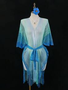 Swim SXY 女士彩色渐变高开衩长流苏网纱系带性感和服罩衫泳衣，适合春、夏、秋季海滩度假 - 藍色 - 查看 3