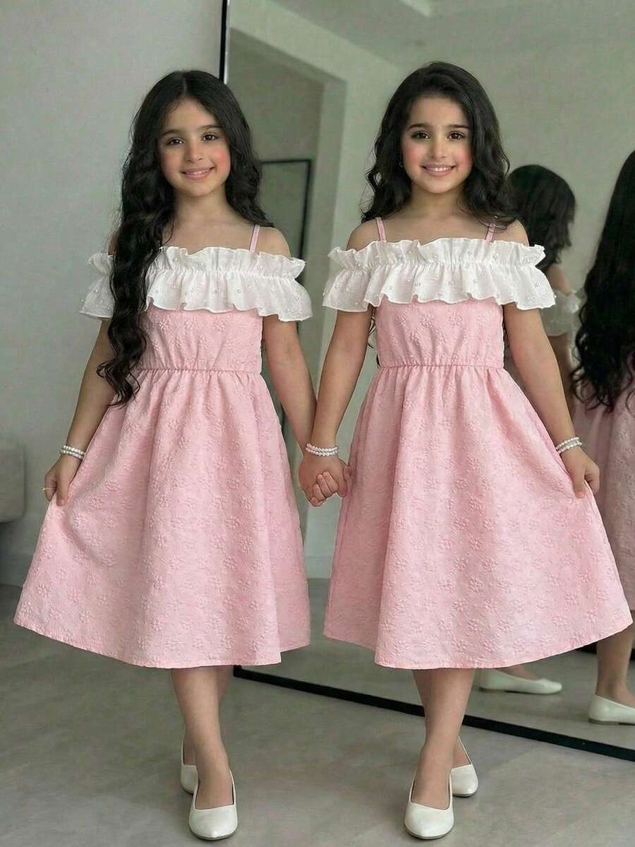 SHEIN Elladie kids 1 pieza Vestido casual de gasa con hombros descubiertos y volantes con diseño de cuentas ajustable para niña preadolescente, vestido de princesa simple y elegante para salidas y vacaciones, color rosa - Rosa - Ver 1