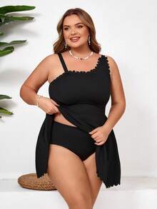 SHEIN CURVE+ Bộ đồ bơi hai mảnh Tankini viền hoa dành cho nữ cỡ lớn, thích hợp cho kỳ nghỉ hè. - màu đen - Xem 4