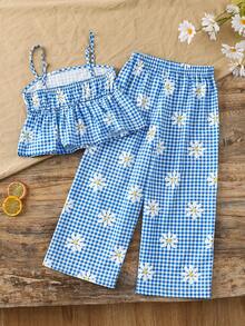 SHEIN 女童格子雏菊图案荷叶边吊带背心和阔腿裤套装 - 藍色 - 查看 2