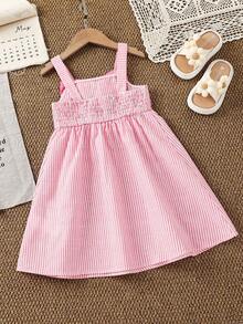 SHEIN Young Girl Woven Striped 3D Bow Casual Slip Dress,Kids Pastel Pink,Summer,Fairy,Beach,Holiday Clothes,Girls Sundress Birthday Outfits - Baby Pink - View 2