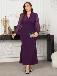Modelyn Plus Size Women Elegant Lace Patchwork Lantern Sleeve Cross V-Neck Midi Dress, Suitable For Commuting - Purple - View 7