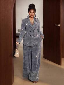 Maweii Bộ đồ cỡ lớn phong cách cổ điển lãng mạn thanh lịch đính sequin gồm áo khoác và quần hai hàng cúc, gồm 2 món. - Bạc - Xem 3