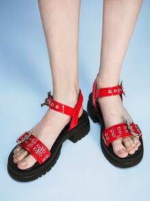 Sugerpunk Women's Platform Wedge Sandals Dark Rock Punk Goth Shoes Summer Open-Toe Belt Buckle Y2K Party Shoes Summer Open-Toe Roman Beach Sandals - Red shiny leather - View 6