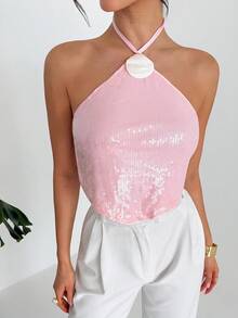 Aloruh Women's Asymmetric Hem Sequin Design Halter Neck Top - Pink - View 5