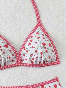 SHEIN Tween Girl Floral Print Halter Bikini And Triangle Panty Swimsuit Set - Multicolor - View 7