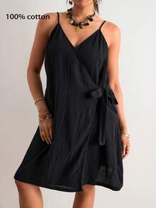 SHEIN VCAY Große Größen Lässig einfarbiges Zugband Wickel-Trägerkleid, Strandkleid, Urlaubsoutfit, Boho-Stil - Schwarz - Übersicht 9