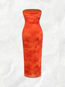 Chiquease Đầm maxi không dây vai, dáng đuôi cá, họa tiết hoa, thanh lịch, mùa hè dành cho nữ. - trái cam - Xem 2