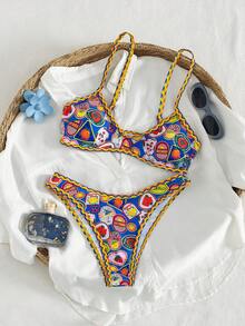 Swim Vcay 2件套新款随机印花可调节肩带性感优雅度假比基尼泳装套装，适合海滩、泳池派对 - 彩色 - 查看 1