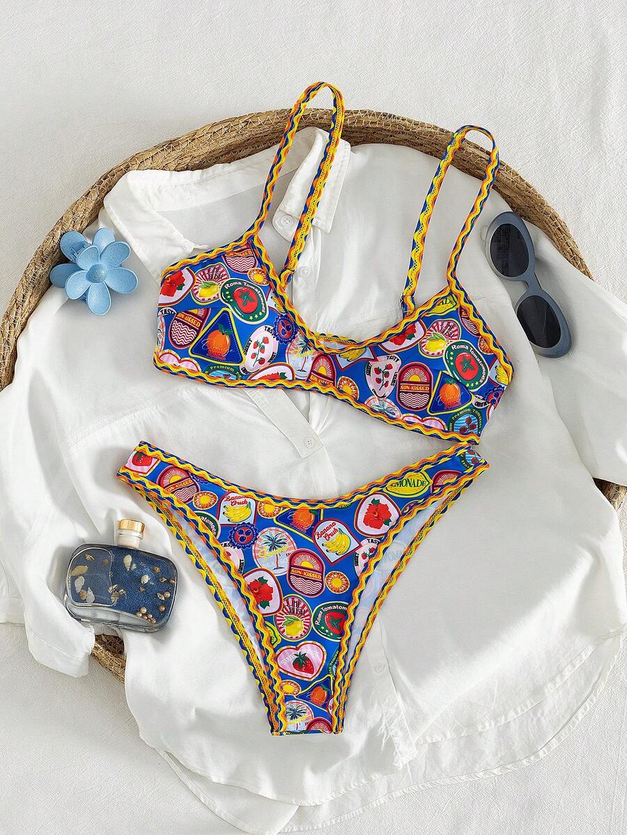 Swim Vcay 2件套新款随机印花可调节肩带性感优雅度假比基尼泳装套装，适合海滩、泳池派对 - 彩色 - 查看 1