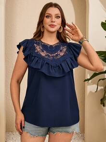 EMERY ROSE 大码女式蕾丝拼接荷叶边下摆衬衫，夏季穿搭，女士夏季服装，女士海滩度假服装，女士外出上衣，女士假日服装，蕾丝边饰上衣，女士优雅休闲上衣，夏季穿搭，女士春季服装，蓝色上衣，女士度假服装，女士休闲上衣 - 藍色 - 查看 4