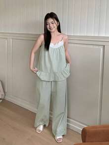 Dazy Plus 2pcs Cute Contrast Lace Loose Camisole & Long Pants Pajama Set, Spring/Summer - Mint Green - View 4