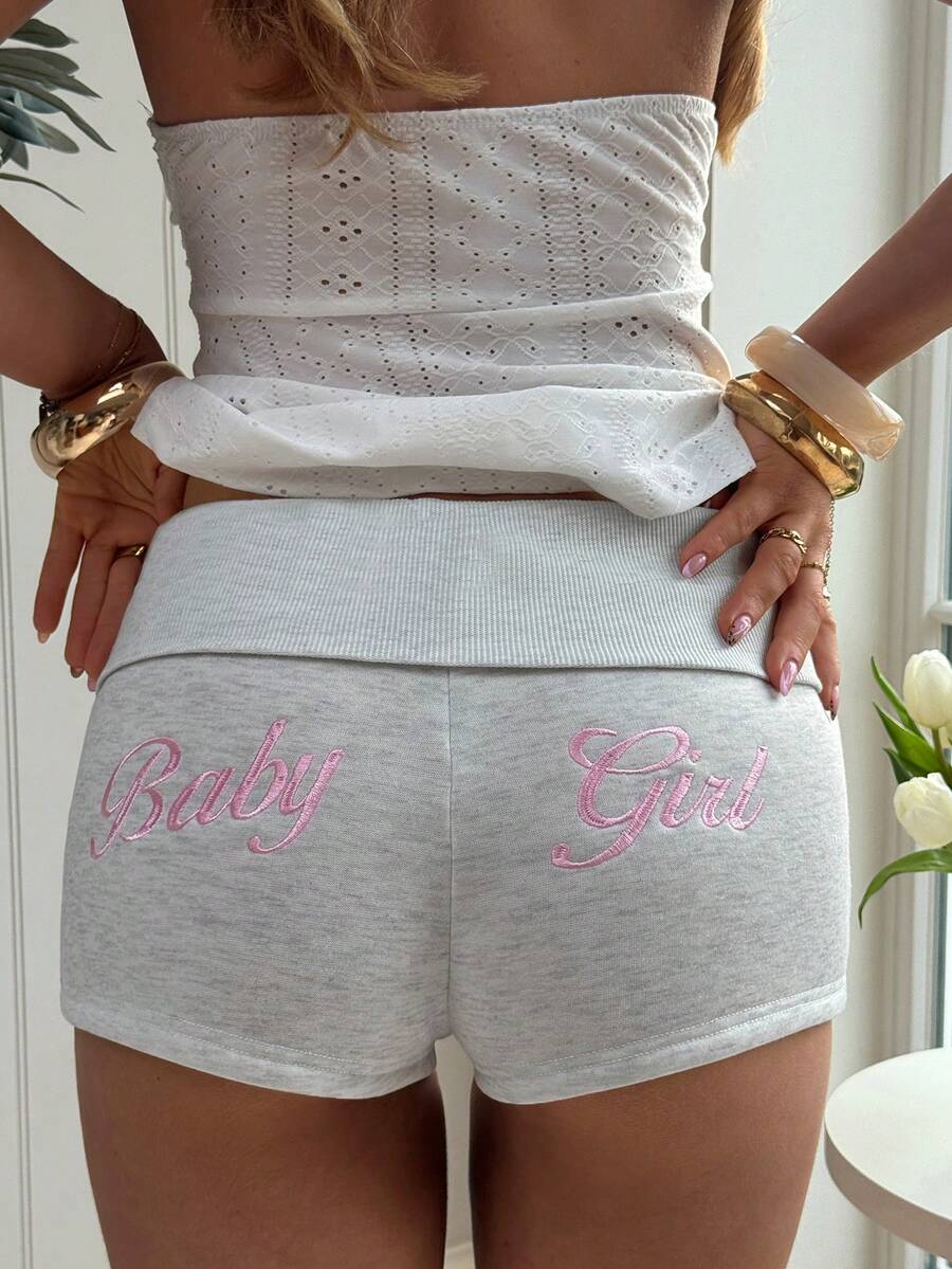 CovetEZ Women's Letter Embroidered Casual Skinny Shorts - Grey - View 1