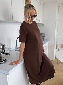 SHEIN Đầm bầu tay ngắn màu trơn, kiểu dáng thường ngày, thích hợp cho mùa hè. - màu nâu - Xem 6