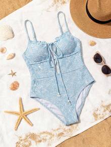 Swim Mod Bộ đồ bơi liền thân nữ mùa xuân/hè 2026 họa tiết hoa, có dây rút điều chỉnh và dây đeo rời, thích hợp cho kỳ nghỉ biển, tiệc trà chiều, dã ngoại, tiệc tùng. - Màu xanh nhạt - Xem 9