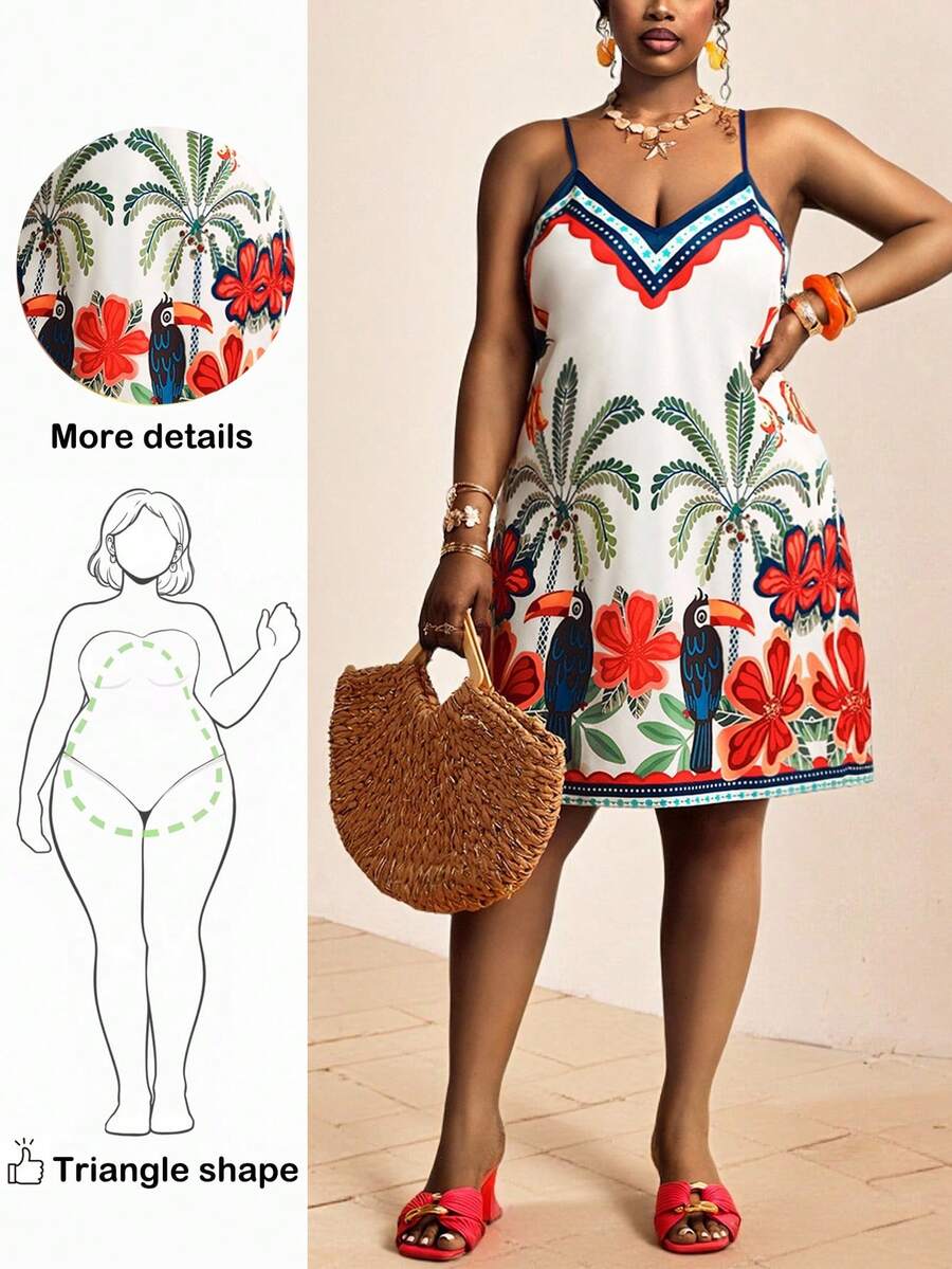 Truni Plus Size Women's Casual Tropical Print Sleeveless Summer Dress, Beach Vacation Dress, Brazilian Tropical Print Casual Hawaiian Dress Plus Size Resort Wear Curvy Hawaii Dress Floral Dress For Women, Curve Plus Size Hawaii Outfits Plus Size Short Dress Beach Dress Women Summer Dress Tropical Vacation Dress Women Palm Tree Vacation Dress Tucan Dress, For Pear And Triangle Body Shape