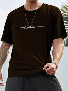 Manfinity Homme Plus Size Men's Letter Print Round Neck Short Sleeve Casual T-Shirt - Coffee Brown - View 3
