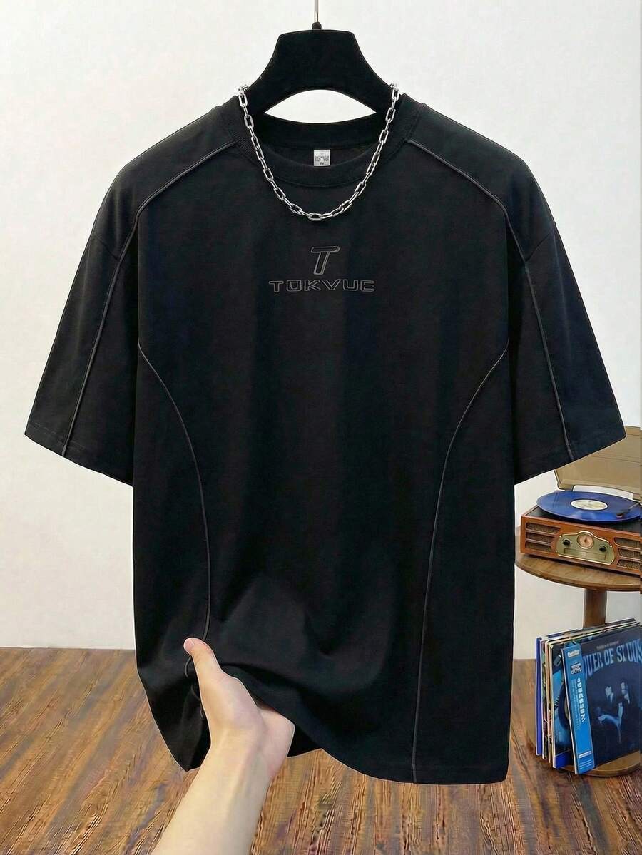 TOKVUE 男士休闲日常通勤百搭印花短袖T恤 - 黑色 - 查看 1