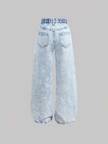 SHEIN Jeans de mezclilla con estampado de dibujos animados de capibara asimétrico con botones en la cintura, lavado claro, estilo casual para niña preadolescente, moda linda y dulce para uso diario, escuela, fines de semana, temporada de regreso a clases, vacaciones. Pantalones cargo rectos de mezclilla lavada de ajuste relajado y bolsillos múltiples, color azul claro, para primavera, verano, regreso a clases, homecoming, vacaciones de verano, primavera, playa, vacaciones, Día de San Valentín, graduación. - Lavado ligero - Ver 5