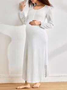 BloomMama Maternity Solid Color Long Sleeve Long Nightgown Loungewear - White - View 1