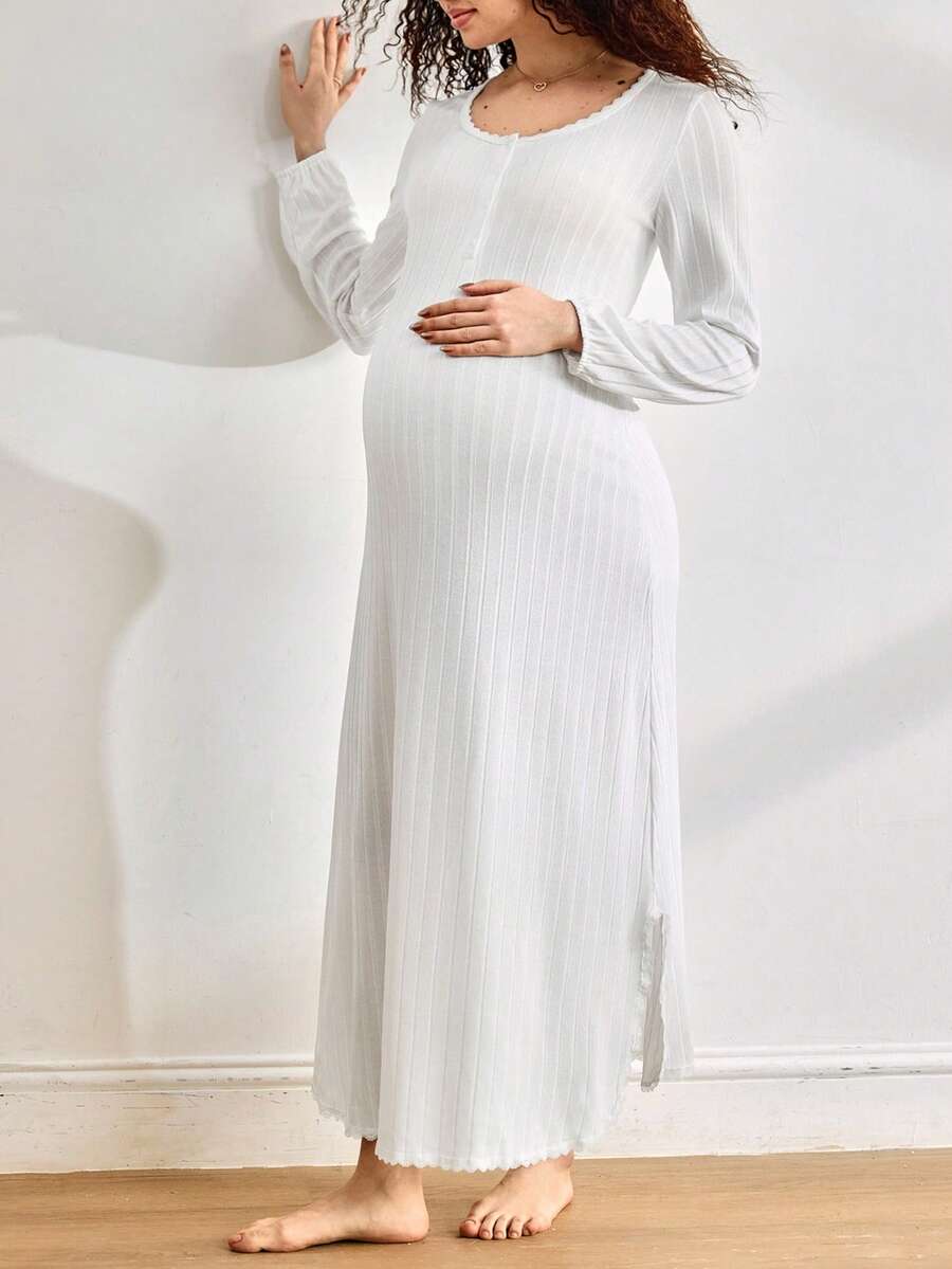 BloomMama Maternity Solid Color Long Sleeve Long Nightgown Loungewear - White - View 1