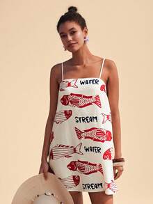 Travachic 春夏度假风无袖印花梭织迷你连衣裙，波西米亚海滩装，女士春夏时尚度假热带风情，多种丑鱼印花，休闲舒适，适合早午餐，海洋印花，夏季阳光连衣裙，母亲节礼物，母女装。复古沙丁鱼印花，波西米亚风服饰 - 彩色 - 查看 2