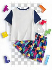 Tetris™ X SHEIN Young Boy Contrast Color Geometric Print Short Sleeve Top And Shorts Pajama Set - White - View 2