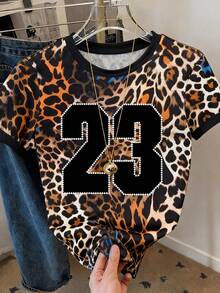 Resyla Women's Leopard Print Numeral Graphic Round Neck Short Sleeve T-Shirt - Multicolor - View 3