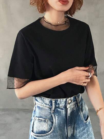 FRIFUL Women's Casual Loose Sheer Mesh See-Through Solid Color T-Shirt, Versatile For Spring And Summer