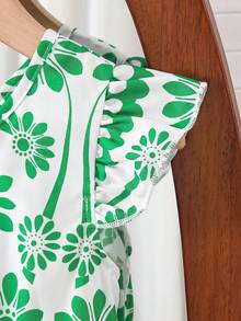 SHEIN Elladie kids 女童春夏新款休闲时尚连衣裙，绿色花卉数码印花图案，圆领无袖荷叶袖，露背镂空设计，绿色3D蝴蝶结装饰，腰部褶皱荷叶边下摆，适合可爱、舒适、优雅的小女孩日常穿着，也适合上学、外出、度假、派对等场合。绿色花卉女童连衣裙，女童复活节连衣裙，女童绿色套装，女童蝴蝶结连衣裙，女童绿色蝴蝶结，女童度假套装，女童夏季连衣裙，优雅派对连衣裙，夏季套装。 - 綠色 - 查看 6