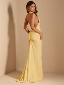 SHEIN BAE Vestido maxi elegante con cuello en V profundo, fluido, con lazo en la espalda y drapeado, color amarillo, para primavera/verano - Amarillo - Ver 2