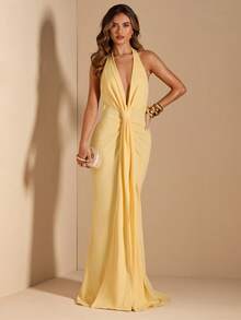 SHEIN BAE Vestido maxi elegante con cuello en V profundo, fluido, con lazo en la espalda y drapeado, color amarillo, para primavera/verano - Amarillo - Ver 1