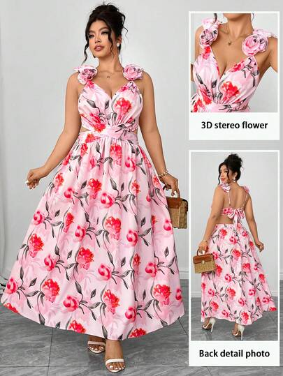 Elenzga Plus Size Women's Floral Print Dress, Romantic Date, 3D Floral Decor, Elegant Deep V Sexy Backless, Summer Party, Wedding, Picnic, Beach Resort, Pink Maxi Dress