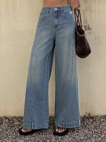 DAZY Jeans de pierna ancha y suelta con cintura regular y diseño de bajo con estilo, estilo casual de calle para mujer - Azul lavado medio - Ver 6