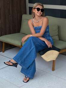 DAZY 女士夏季褶裥腰部宽松阔腿牛仔连体裤，休闲都市风 - 中等水洗藍 - 查看 2