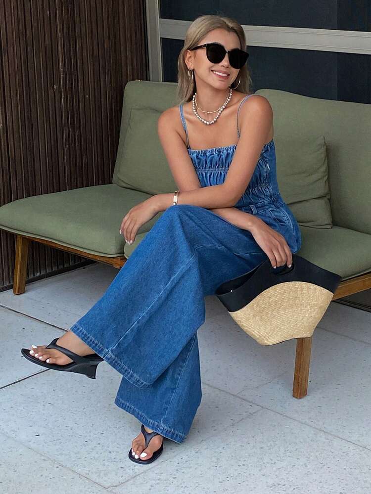 Women's Summer Pleated Waist Loose Wide-Leg Jeans Jumpsuit, Casual City Style