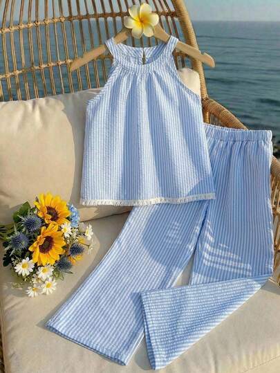 SHEIN Tween Girls' Vacation Casual Striped Halter Top And Pants Set