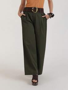 CielaLinda Women Army Green Pants With Pockets Solid Color Pants - Army Green - View 4