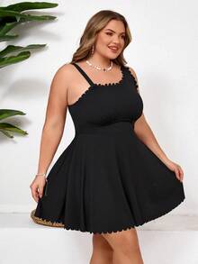 SHEIN CURVE+ Bộ đồ bơi hai mảnh Tankini viền hoa dành cho nữ cỡ lớn, thích hợp cho kỳ nghỉ hè. - màu đen - Xem 3