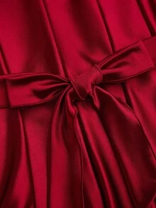 Olithes 女士优雅缎面蝴蝶结装饰酒红色短款连衣裙，无袖 - 酒紅色 - 查看 4