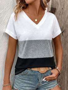 Lymera Camiseta feminina casual com decote em V e estampa patchwork, versátil para o trabalho e uso diário, primavera/verão. - Multicolorido - Ver 4