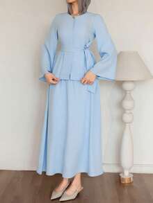 DAZY Women's Casual Solid Color Round Neck Belted Shirt And Skirt 2-Piece Set, Spring/Summer - Blue - View 6