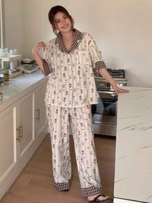 Dazy Plus Plus Size Dropped Shoulder Short Sleeve Button Front Bear Graphic Loose Pajama Set - Khaki - View 6
