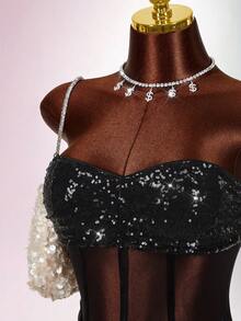 Amplova Women's Sexy Tie-Up Mini Dress, Sequins Embellished Tie-Up Wrap Hem, Suitable For Party & Nightclub - Black - View 3