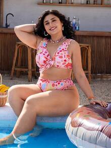 Swim Mod Plus Size Cerise Pink Bikini Set,Women's Summer Beach Holiday Holiday Printed Two Pieces Swimsuit,Front Knotted High Waist Tummy Control Bathing Suit - Pink - View 4
