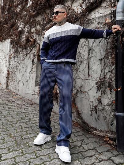 Artur Kramer Jersey de punto casual con bloques de color y parches para hombres, suéter azul marino de otoño/invierno para hombres, jersey de manga larga