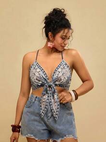 Travachic Áo hai dây cỡ lớn dành cho nữ, in họa tiết hoa, thiết kế xoắn, xếp ly, thích hợp cho các buổi hẹn hò và đi chơi. - Nhiều màu - Xem 3