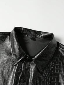 TOKVUE Áo sơ mi nam ngắn tay, chất liệu giả da cá sấu, kiểu dáng ngắn. - màu đen - Xem 3